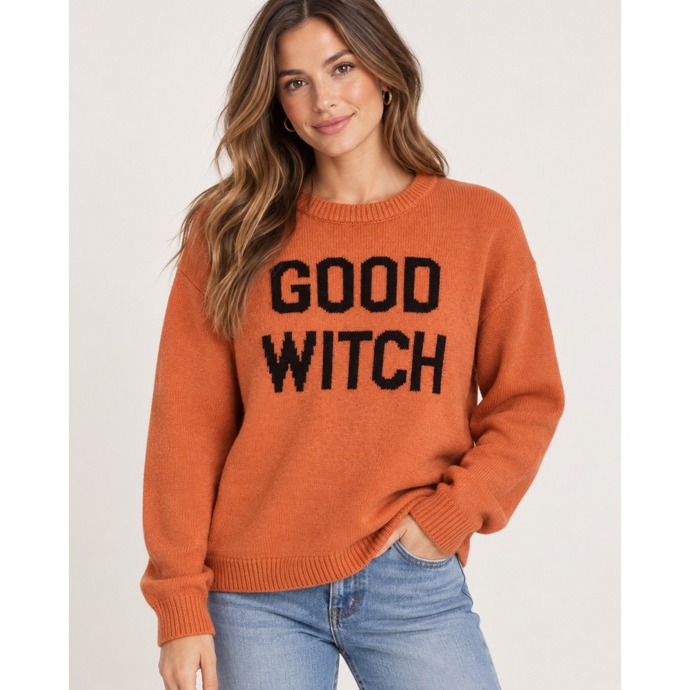State of Mine Good Witch Orange Halloween Sweater Womens M Recycled Poly